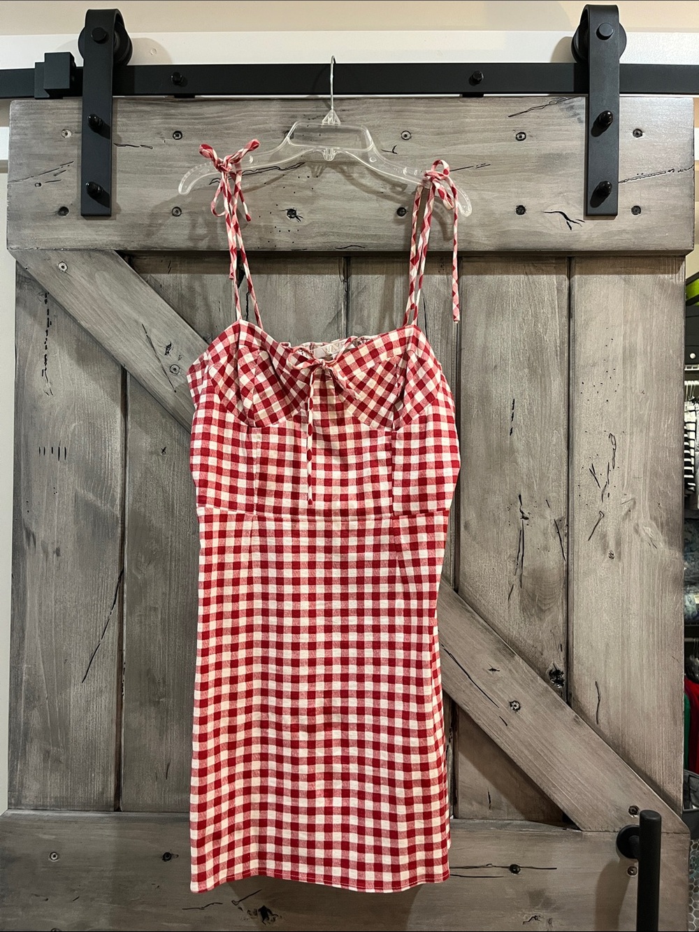 Wayf Red and White Gingham Tie-Shoulder Mini Dress